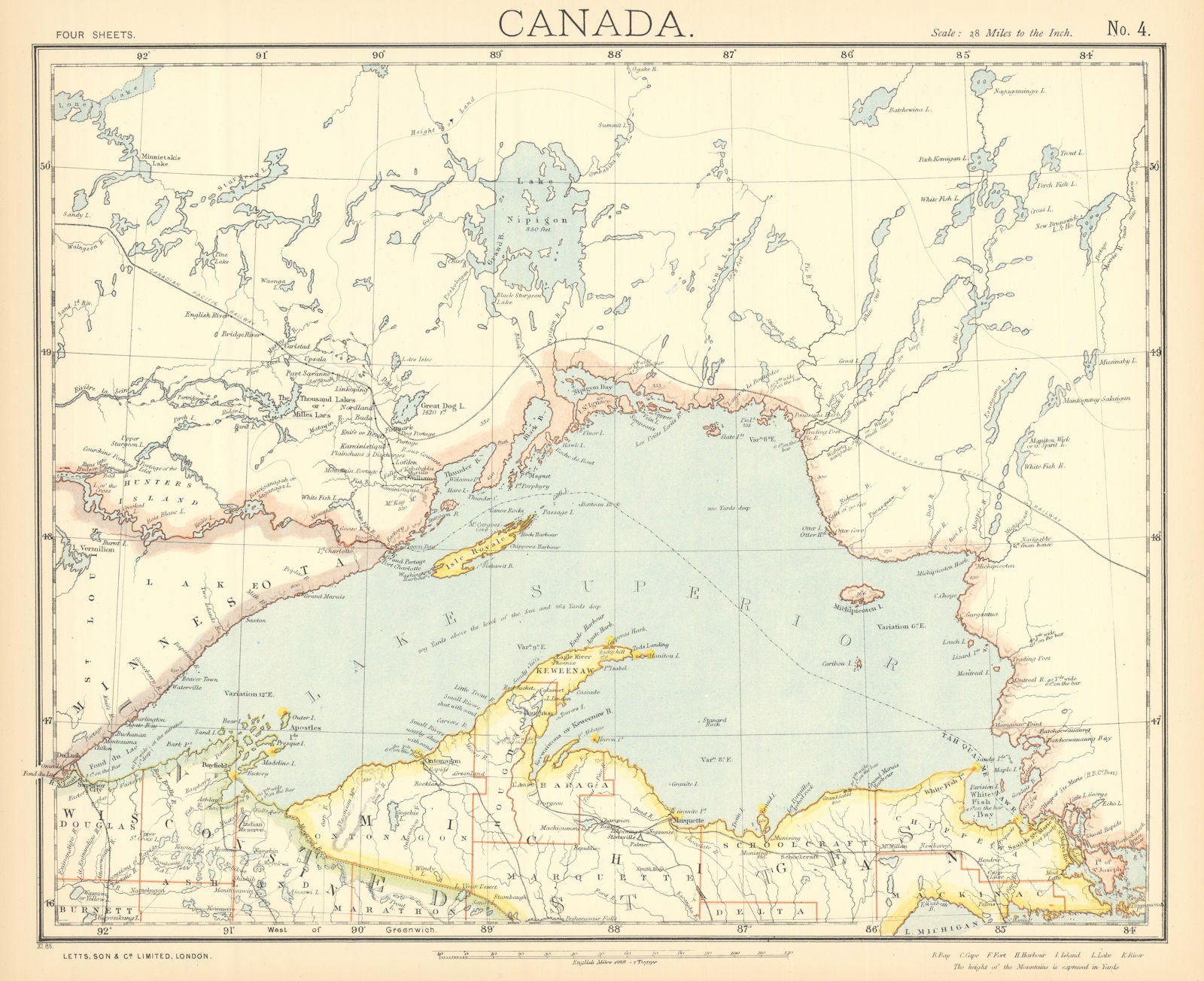 LAKE SUPERIOR. Canada Ontario Michigan. Lighthouses & Railroads. LETTS 1892 map